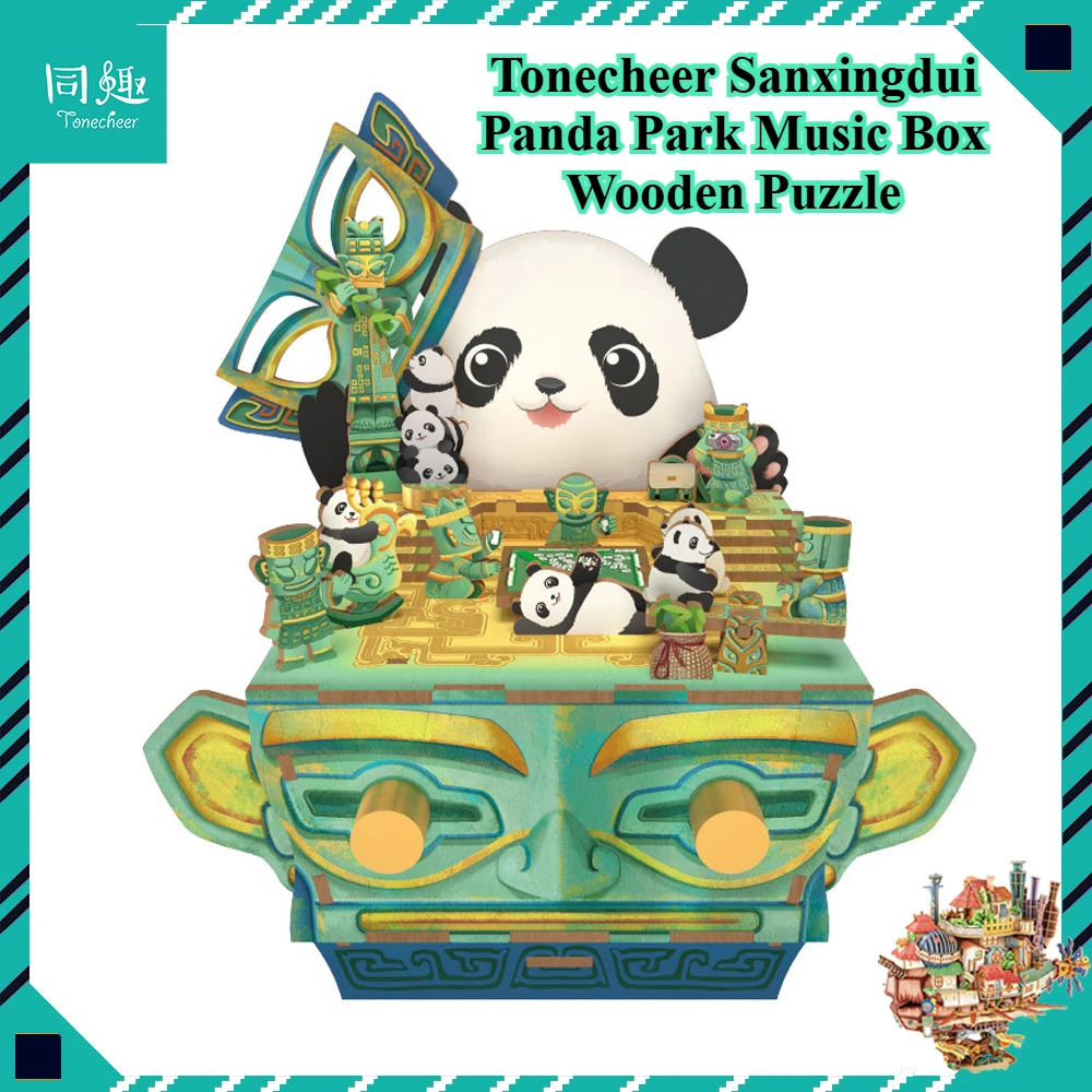 

New Tonecheer Sanxingdui Panda Park Music Box Wooden Puzzle Building Blocks Diorama Model Kit 3D Wooden Toy Dollhouse Decoration