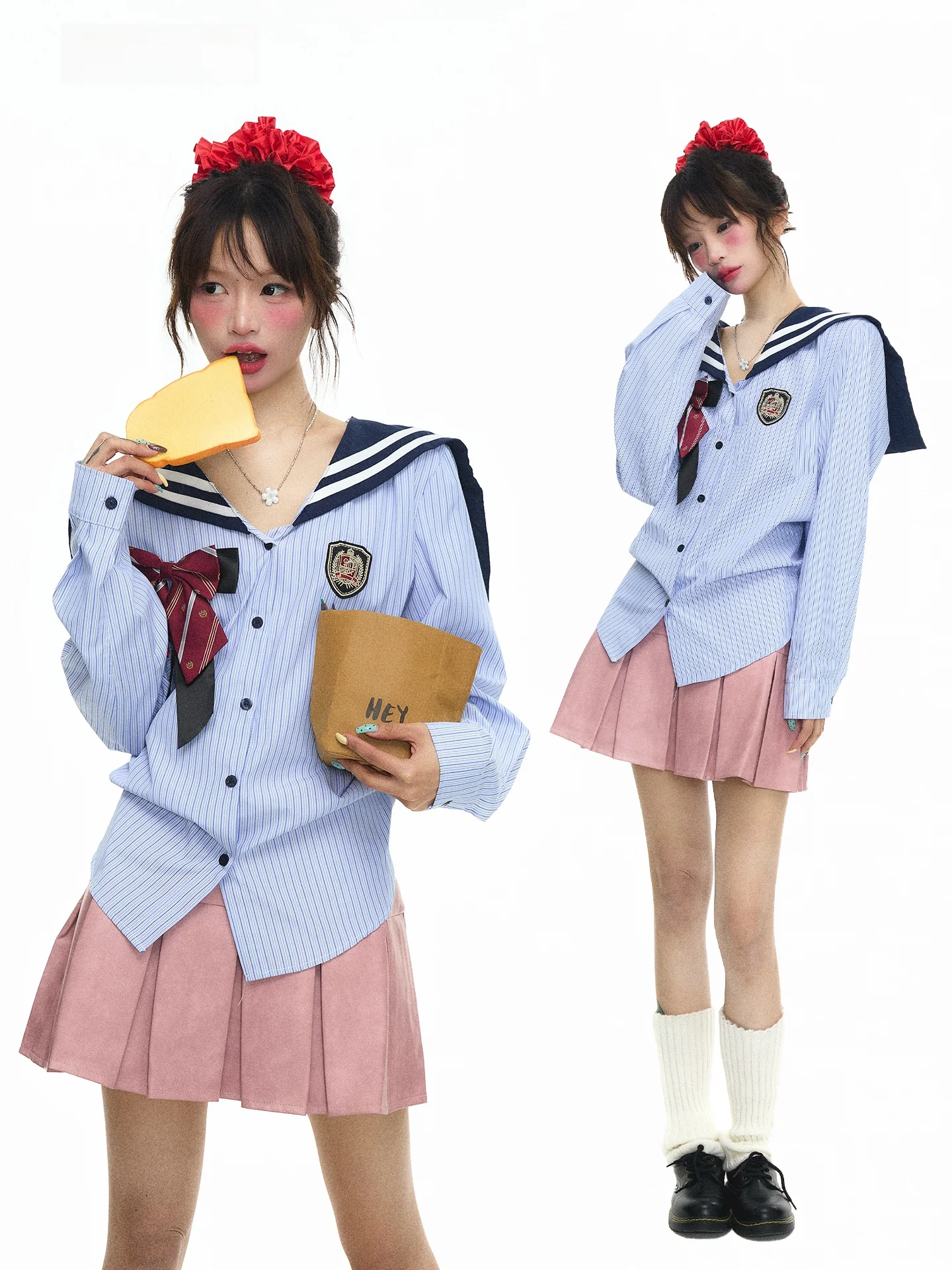 

Astrsk Korean College Sle Long Sve Sailor Collar Knot Striped irt Women Slimming Autumn Top Faion Ladies