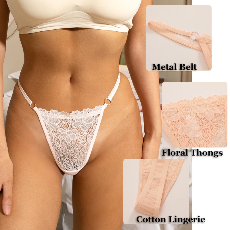 FINETOO 3PCS Cotton Low Rise Lace Thongs Underwear for Women Sexy Perspective Floral G-String Female Comfortable Solid Lingerie