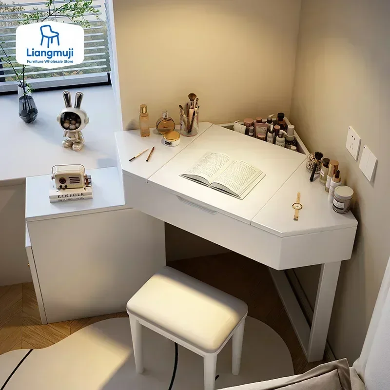 Modern Corner Dressing Vanity with Mirror and Makeup Vanity Set with Charging Station for Bedroom/Cloakroom Wooden Vanity Table