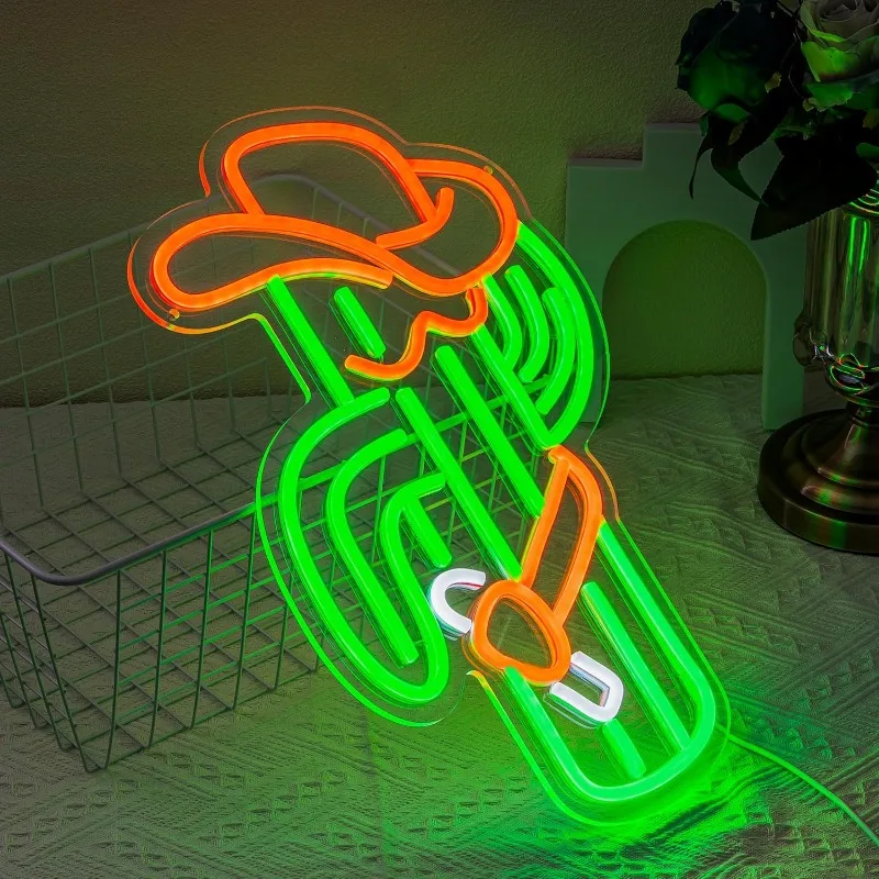 XM Cowboy Hat Neon Cactus Neon Wall Decoration LED Green Neon USB Power Supply for Bar Games Room Men's Cave Club