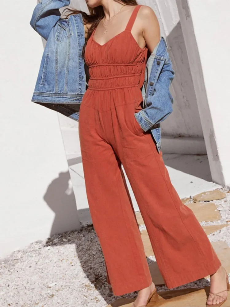 Women's Summer Jumpsuits Sexy Backless Strap V-neck High Waist Beach Vacation Fashion Wide Leg Pants Casual Women  Jumpsuits