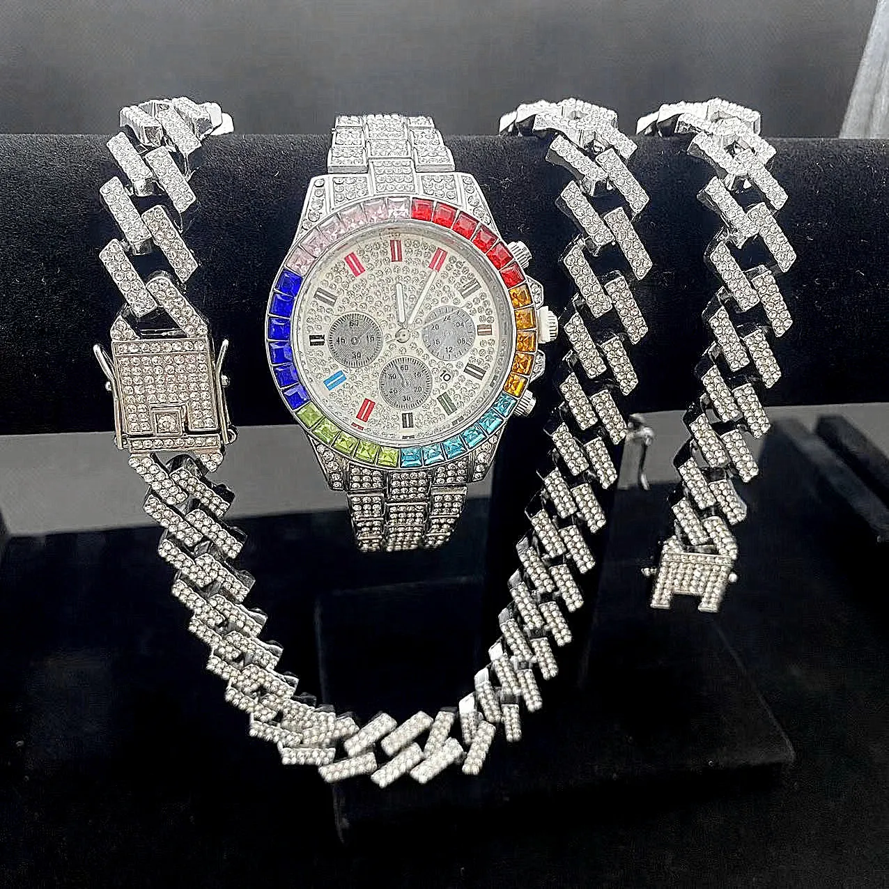 3PCS Iced Out Watches for Men Colour Gold Watch Quartz 15mm Cuban Chains Bracelet + Necklaces Diamond Jewelry Set Men Watch Man