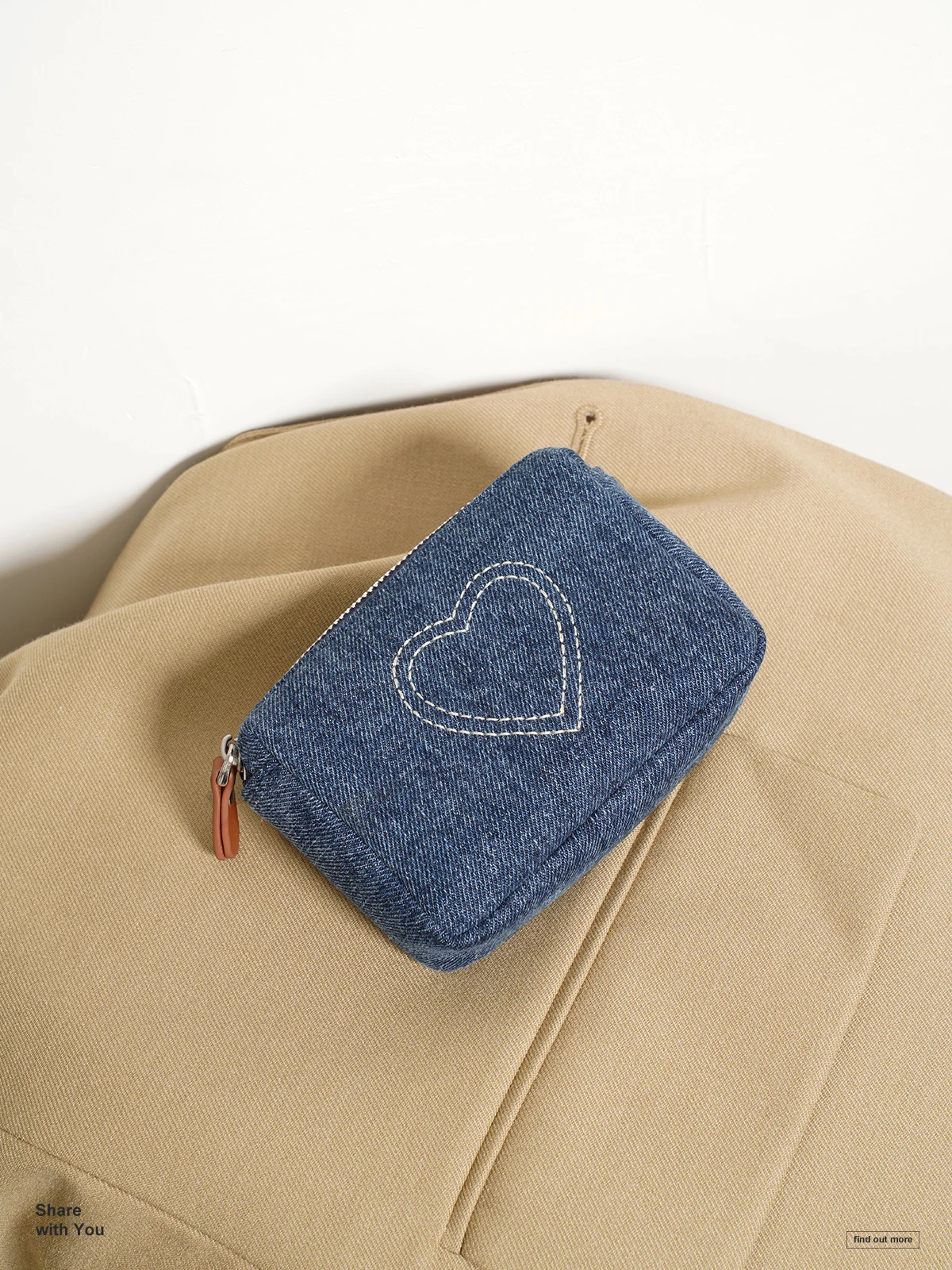 Momogigi Retro Denim Series Embroidered Washed Denim Lipstick Wallet Card Holder Heart Shaped Coin Purse American Vintage Style