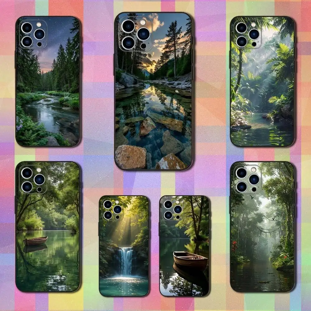 

Natural Art Beautiful River Phone Case For iPhone 16,15,14,13,12,11 Plus,Pro Max,XS,X,XR,SE,Mini,8,7,Soft Silicone Black Cover