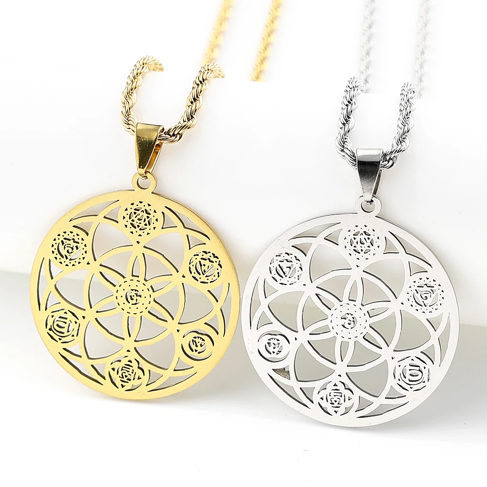 Yoga Flower of Life 7 Chakras OM Stainless Steel Mandala Necklace for Women Men Sacred Geometry Spiritual Healing Chain Jewelry