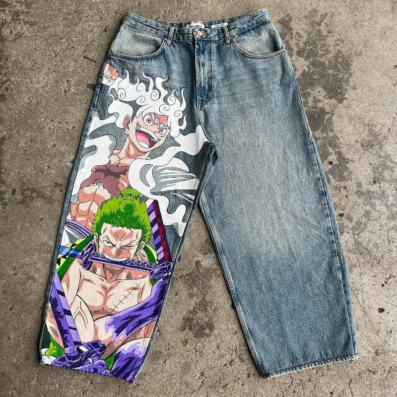 

Anime mens jeans Harajuku Hip Hop print pattern streetwear jeans high waisted Y2K biggest trashy ropa aesthetic wide leg jeans