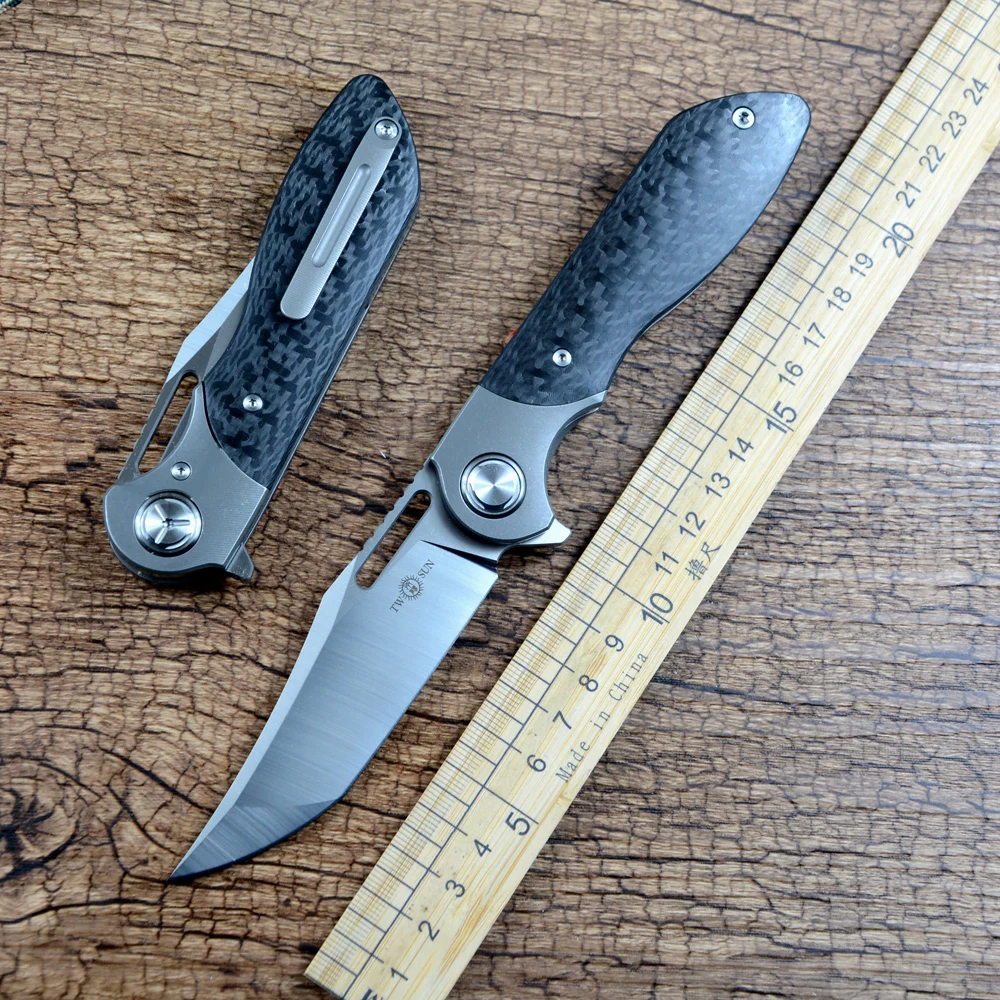 

TWO SUN TS219 M390 Steel Blade Satin Ceramic Ball Bearing TC4 Titanium CF Handle Collection Hunting Survival Pocket Knives