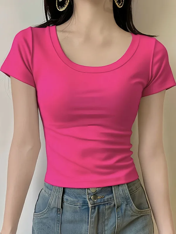 Chic High Waist ort Sve U-Ne T-irt Women's Casual Commute Top Korean Sle Cotton Blend Summer Tee