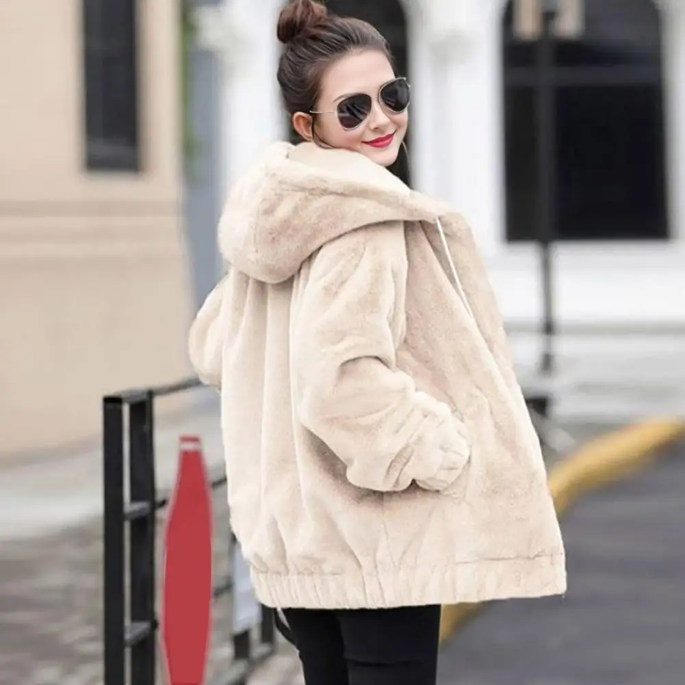 

Winter Women Jacket Thick Plush Faux Rabbit Fur Mid Length Hooded with Pockets Long Sleeves Windproof Zip-up Cardigan Coat