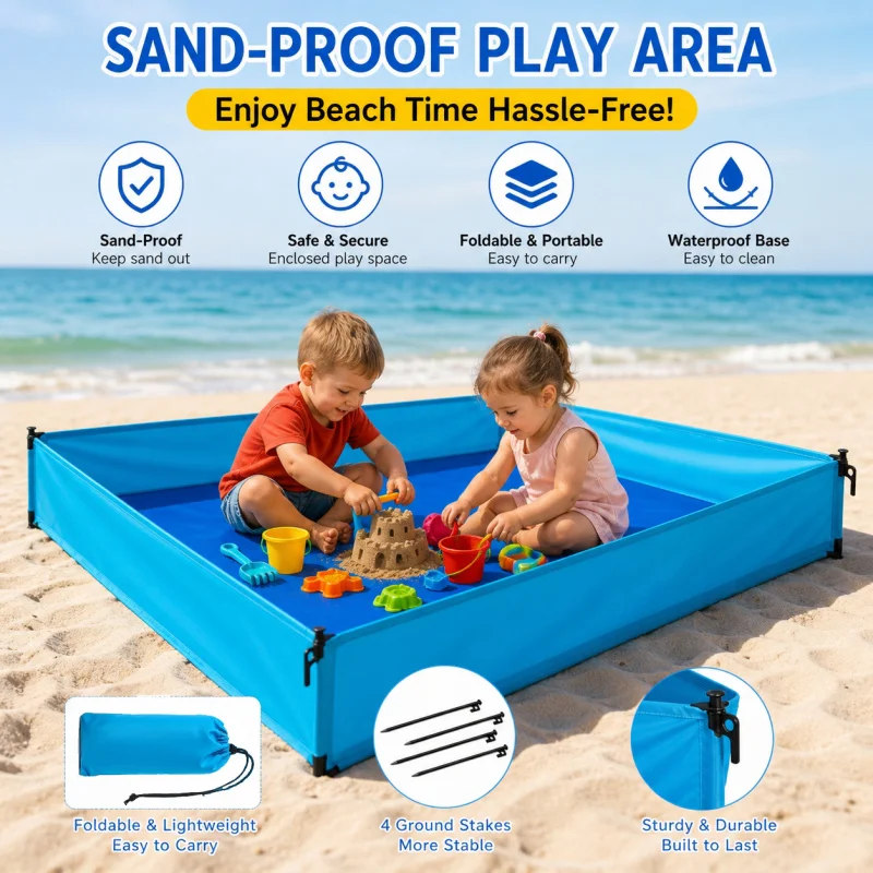Oversized Beach Playpen Mat With Sand-Blocking Walls 73x57