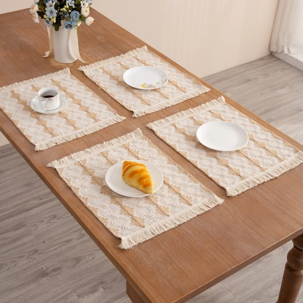 

2pcs Modern Linen-cotton Placemats Handmade Tassel Double Color Splicing Heat Insulation Mat Farmhouse Dining Table Mat