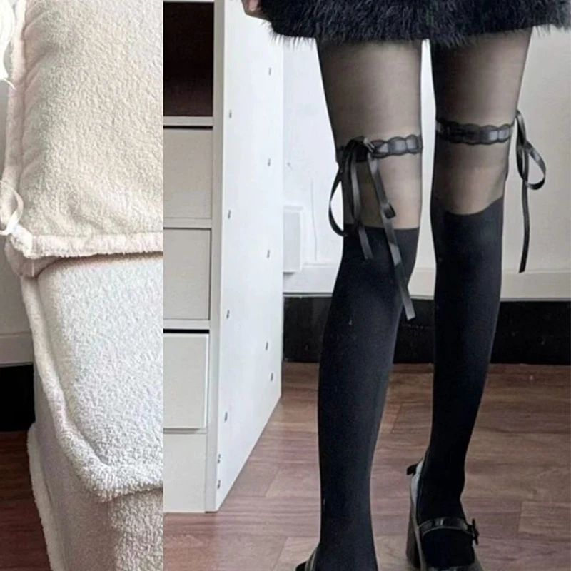 Fashion Sexy High Cut Black Bow Tie Pantyhose Thin and Versatile Pantyhose Base Socks Bow Tie Lace Black Stockings