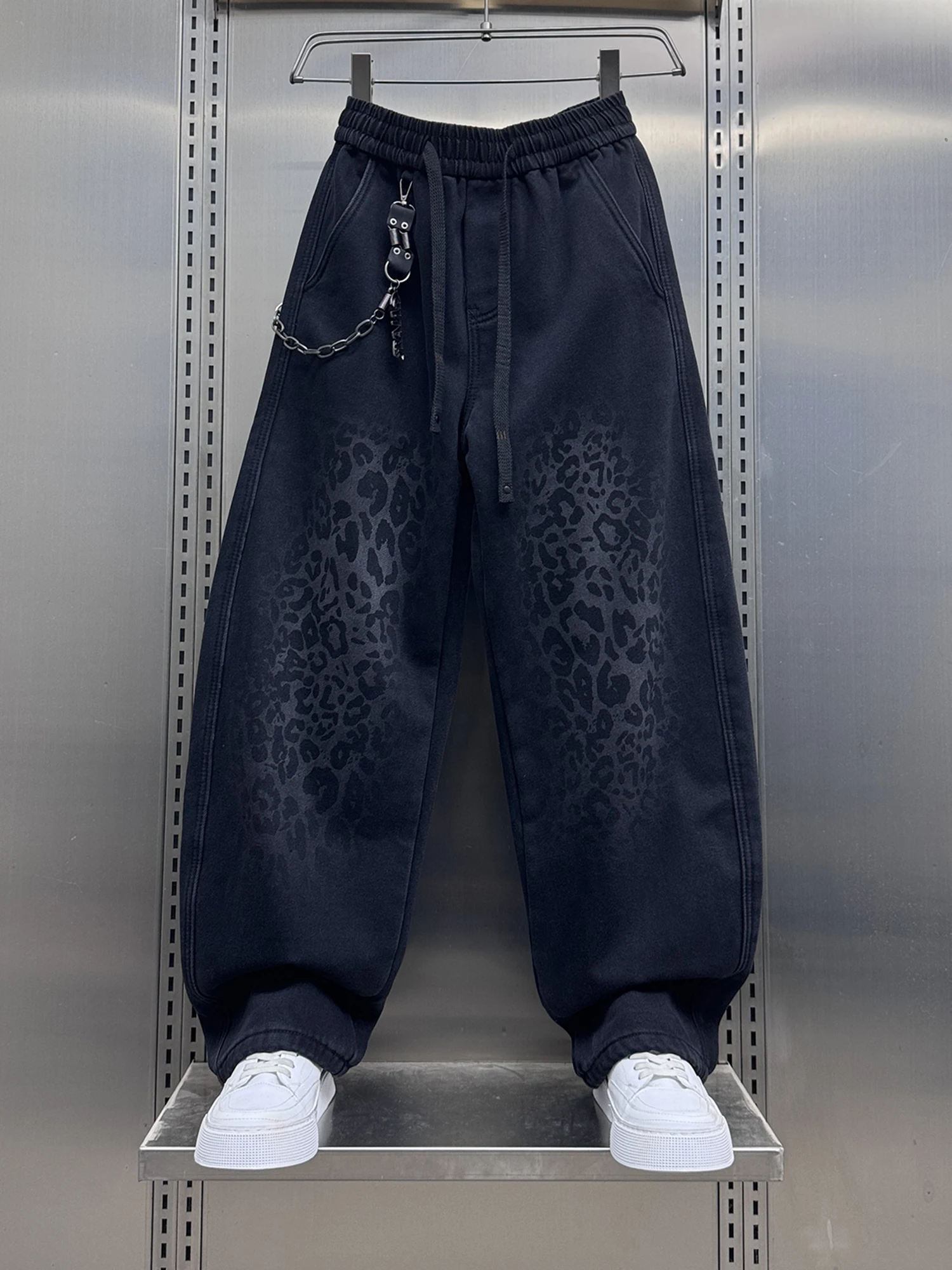 

Men's Loose Straight Leg Fce Lined Wide Leg Pants Large Size Casual Trousers Autumn Winter High Waist Elastic Waisand