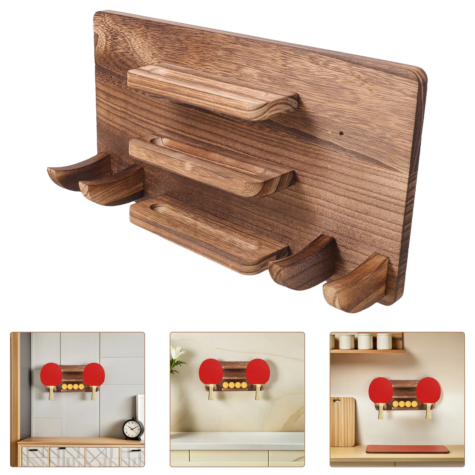 

Ping Pong Paddle Holder Wall Mounted Table Tennis Rack Wooden Organizer Storage Shelf for 6 Paddles 12 Balls Game Room Office