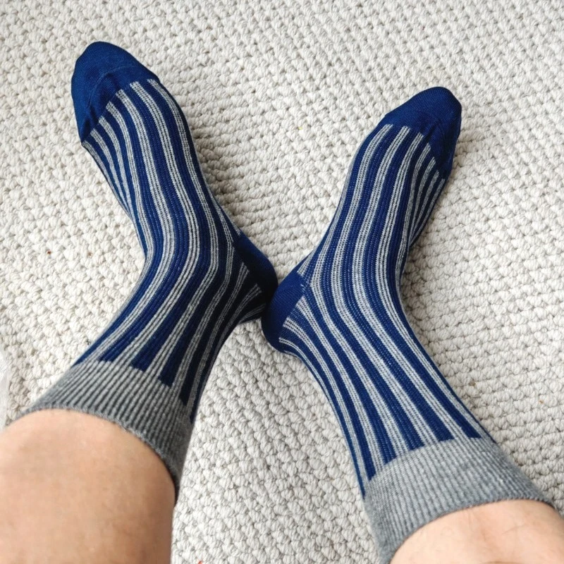 3 Pairs Mens Cotton Socks Sweat Absorbing Comfortable Breathable Casual Business Socks Stripes Champagne Gray Blue Striped Socks