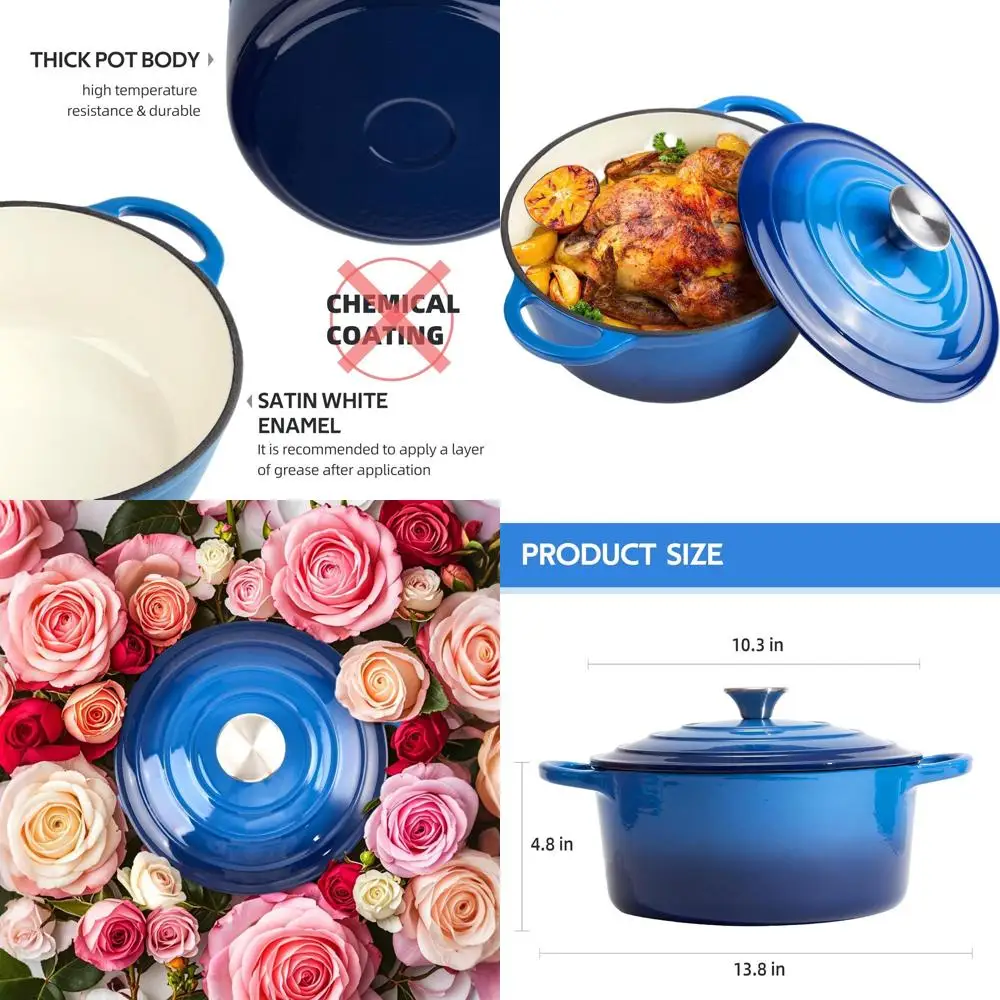 

Enameled Cast Iron Dutch Oven, 6-Quart, Dual Handles, Oven-Safe to 500°F, Classic Blue Round Pot