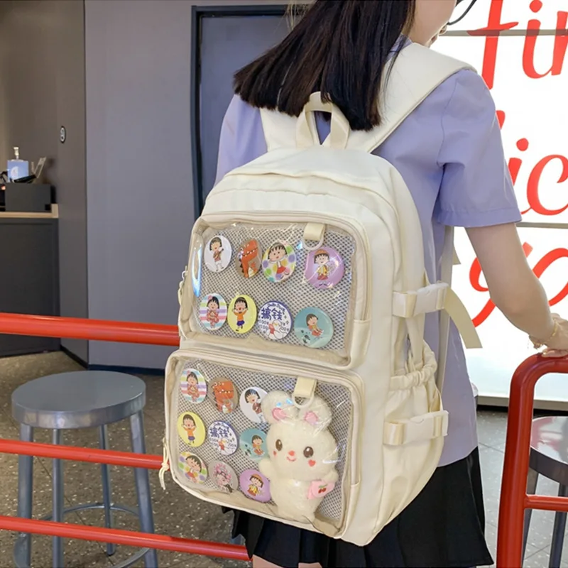 Sac à Dos Blanc Ita pour Femme, Grand Cartable d'École, Poches Transparentes Mignonnes pour Épingles, Affichage Anime Transparent, pour Étudiants