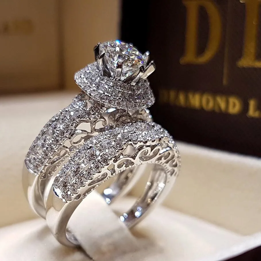 Double Layer Micro Paved Zirconia Simulated Diamond Ring Set Luxury Party Wedding Ring Fashionable Jewelry Accessory