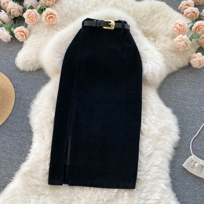 Autumn Winter Women Corduroy Pencil Skirts Women 2026 New High Waist Solid Slim Office Female Wrap Hip Split Skirt Fashion
