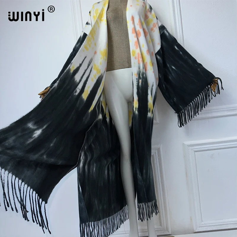 WINYI Tie-farbowany zimowy kardigan z frędzlami Afryka damska kurtka maxi Ciepłe kimono długi płaszcz puchowy Moda na Bliski Wschód abaya dubaj