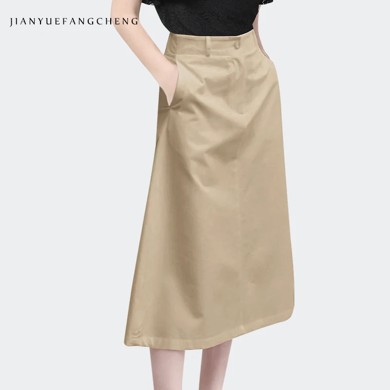 Womens Spring Summer Midi Skirt With Pockets Simple Solid Color High Rise A-line Casual Office Ladies Skirts