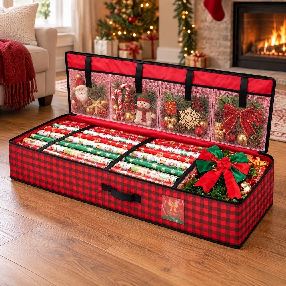 Storage Bag for Holiday Ornaments Red with Functional Dividers Clear Pockets Closure and Convenient Handles 99x35x15cm