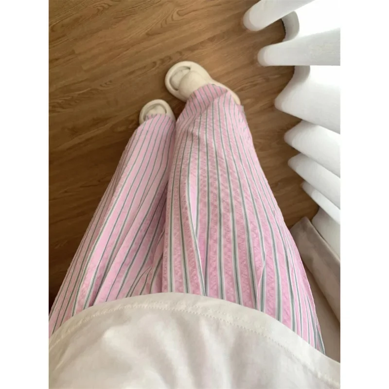 

Korean Stripes Pajama Pants Women Summer Dopamine Loose Casual Pants Home Pants Can Outwear Straight Leg Walking Comfortable