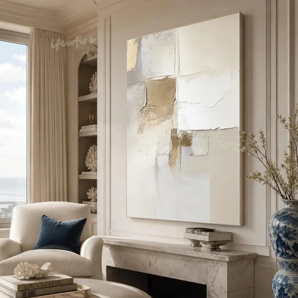 Modern Abstract Oil Painting on Canvas - Handmade Light Colored Block Texture Wall Art Picture for Home Living Room Decor Image