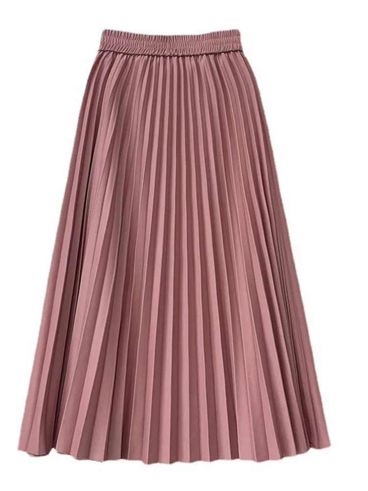 Women Chic Elastic Fashion A Line Elegant College Style Casual Solid Color Office Temperament Spring Summer Pleated Skirts