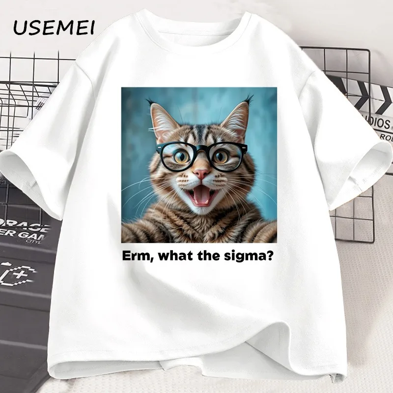 Erm What The Sigma Cat Tee Funny Cotton Short Sleeve Harajuku T Shirt Cat Lover Printed Tshirt Mens Clothing Oversized Tops