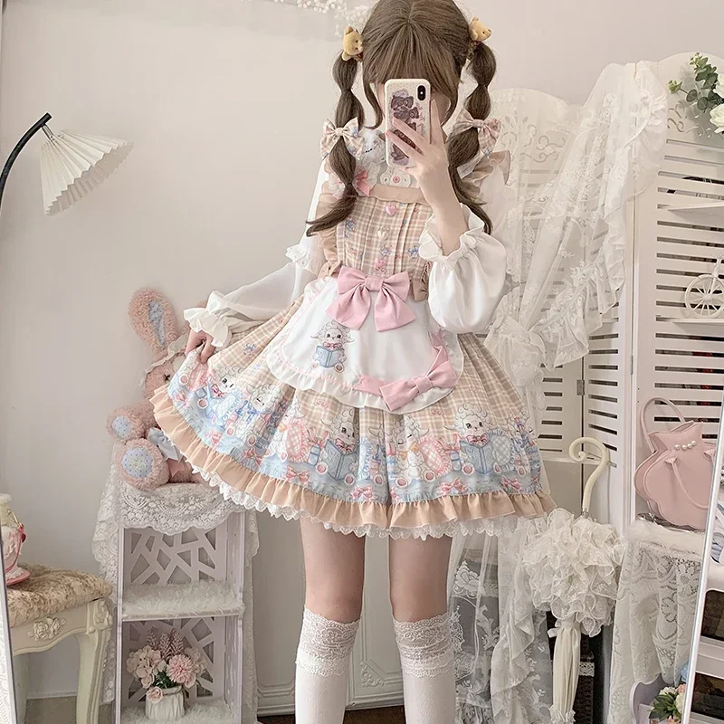 Abito con bretelle Lolita originale Set femminile carino dolce ragazza agnello stampa grembiule con fiocco grande abito da consegna di compleanno top a maniche lunghe