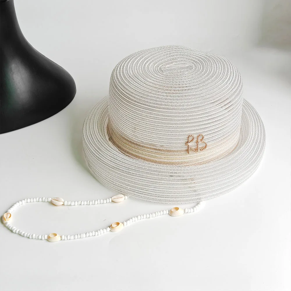Luxury RB Chain Straw Hats Women French White Straw Boater Hat elegant hat Shell Beads Wind Rope ladies sun hat beach Bonnet