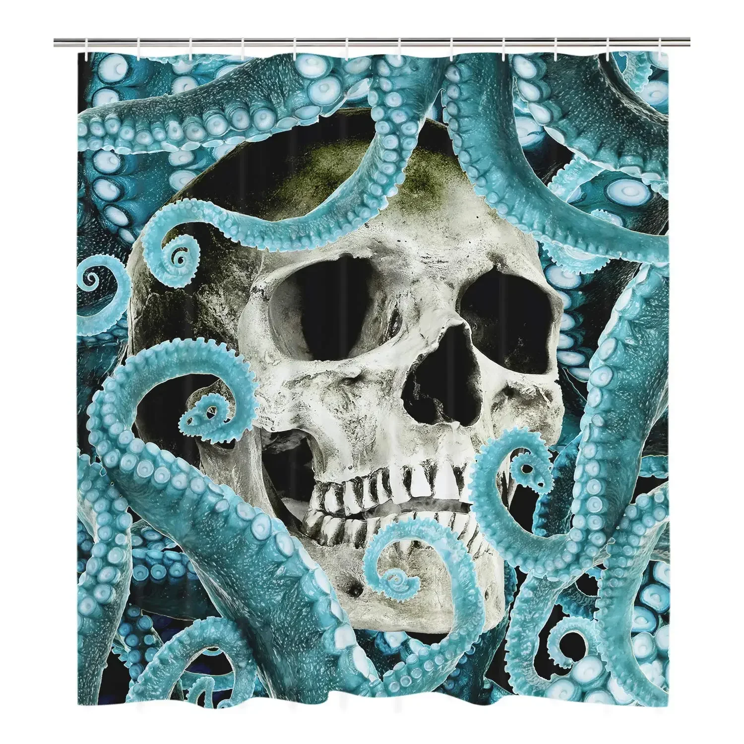 Tentacles and Skeleton Shower Curtain Funny Horror Octopus Bathroom Curtain Durable Turquoise