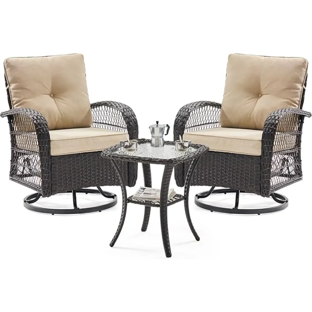 3Pieces Patio Furniture Set,Outdoor Swivel Gliders Rocker,Wicker Patio Bistro Set with Rattan Rocking Chair,Rattan Rocking Chair