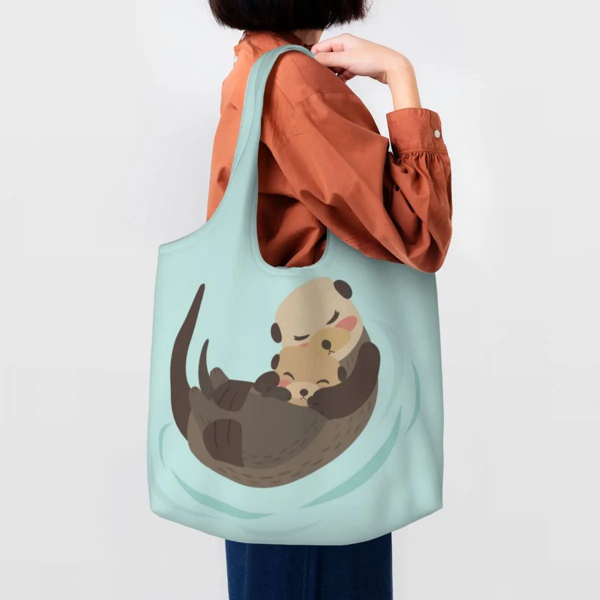 Cute Kawaii Sea Otter Mom And Baby Shopping Tote Bag Recycling Canvas Grocery Shoulder Shopper Bags Photography Handbag