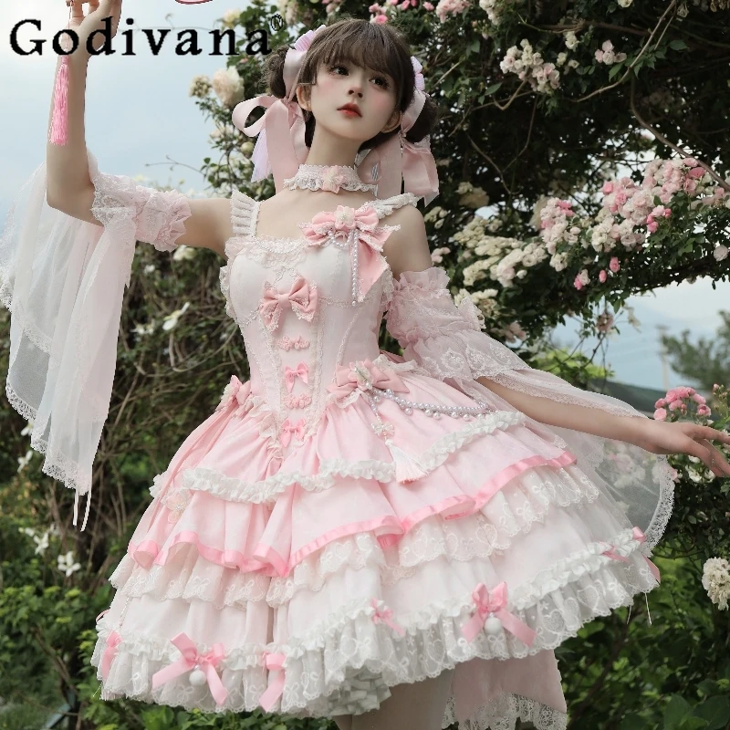 

Sweet Lolita Pink Princess Dress Set JSK Girl's Woman's High Waist Slim Elegant Mini Dresses Chinese Style Lo Cos Dress Vestidos