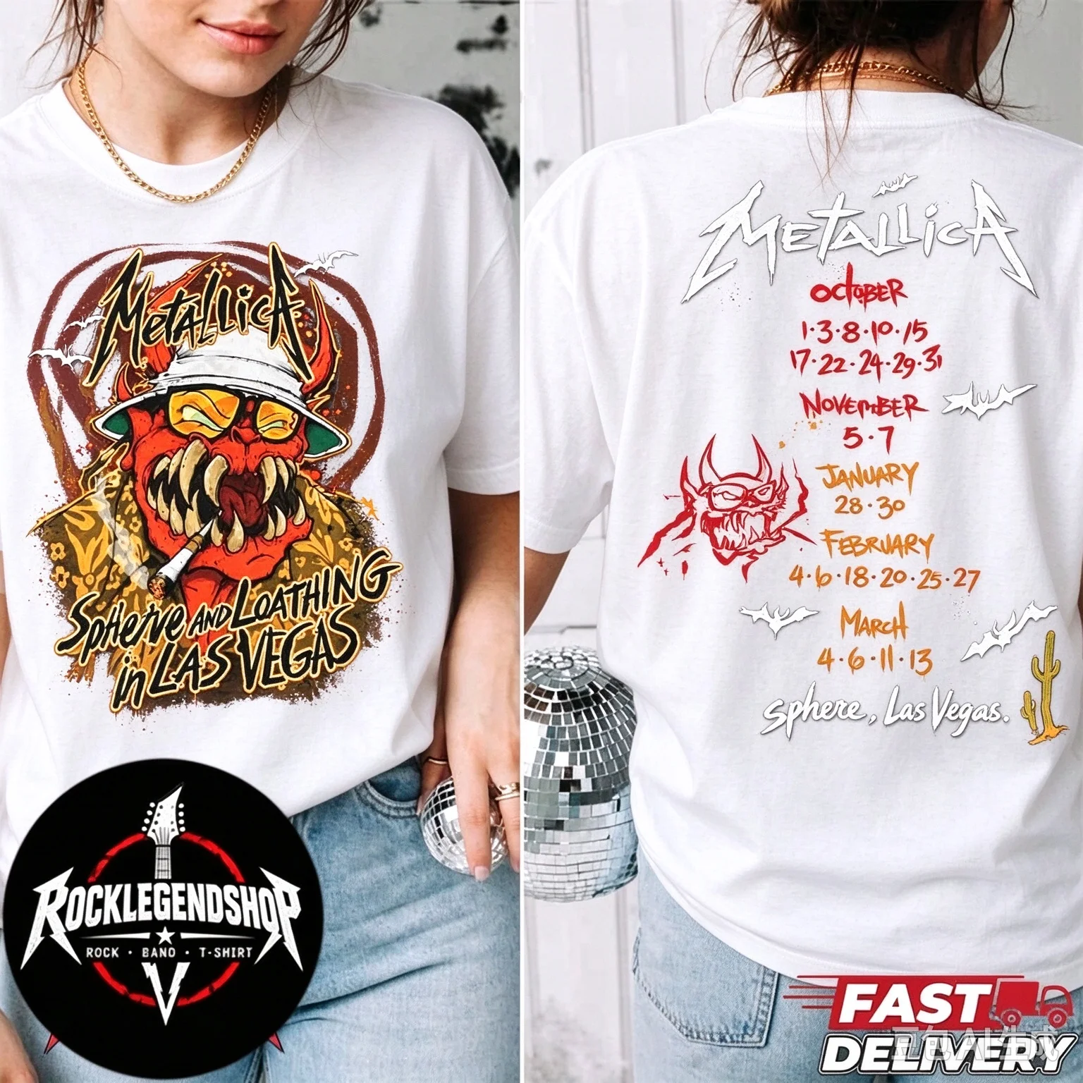 Metallica Sphere Las Vegas Tour Sphere and Loathing in Las Vegas Demon Graphic Front Print Rock Band Short Sleeve Tee