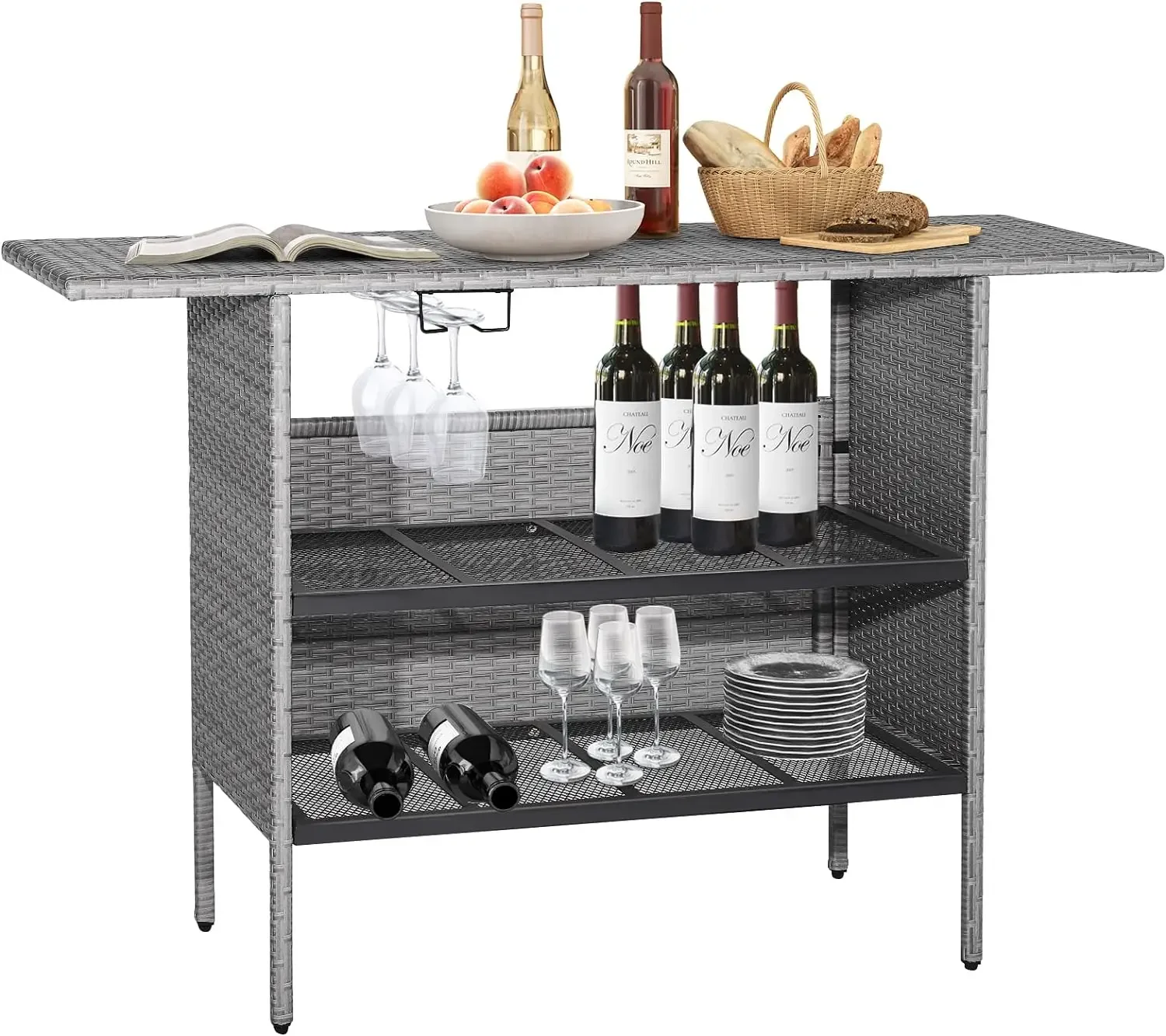 Outdoor Wicker Bar Tabela, All Weather Patio Altura Tabela, 2 Metal Mesh Prateleiras, 2-Rail Aço Stemware Racks, Tabela Rattan