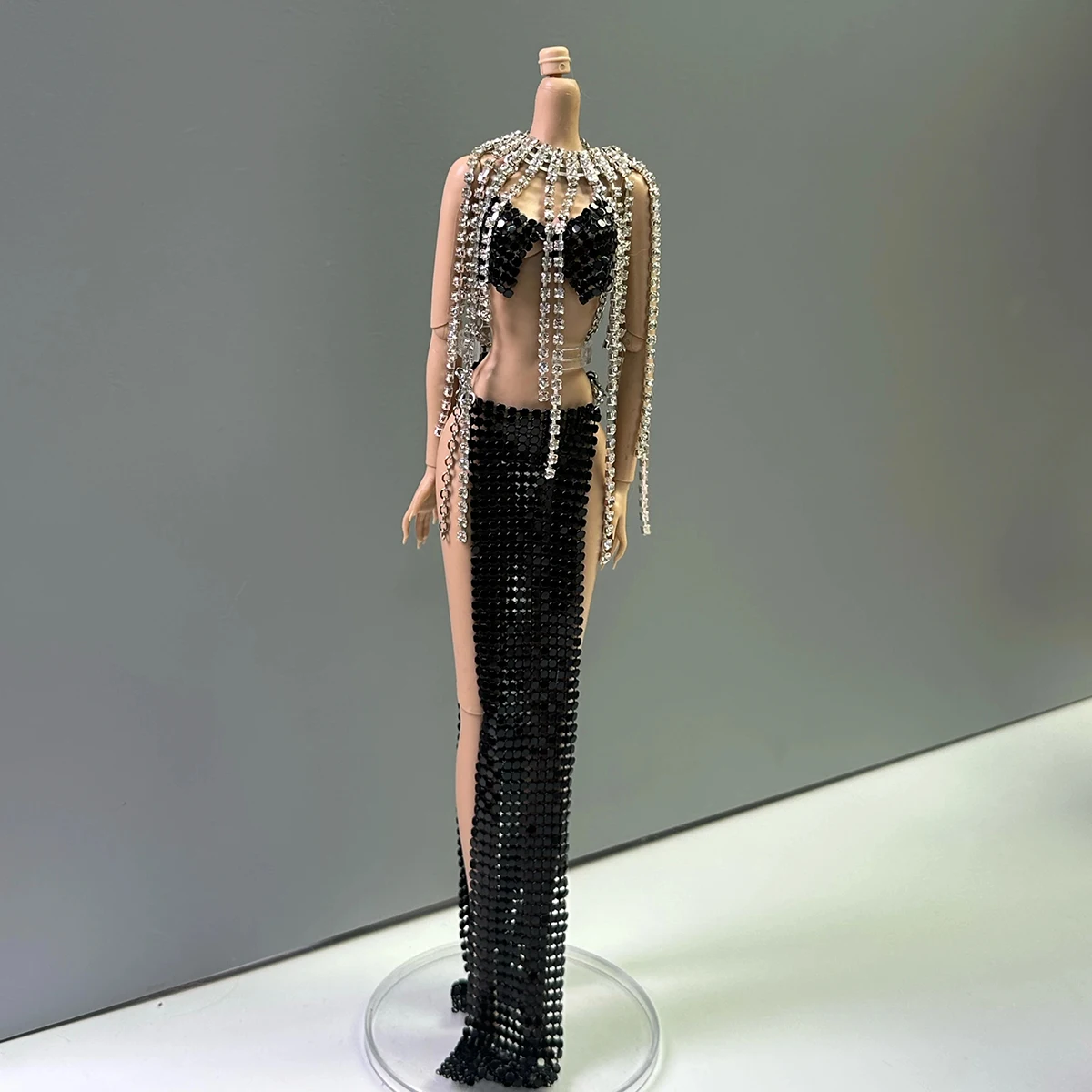 Original Metal Sequins Vest+Sexy Split-skirt+Luxury Diamond Tassel Shawl Set For 1/6 Babi Supermodel Doll Dress Up Clothes Parts
