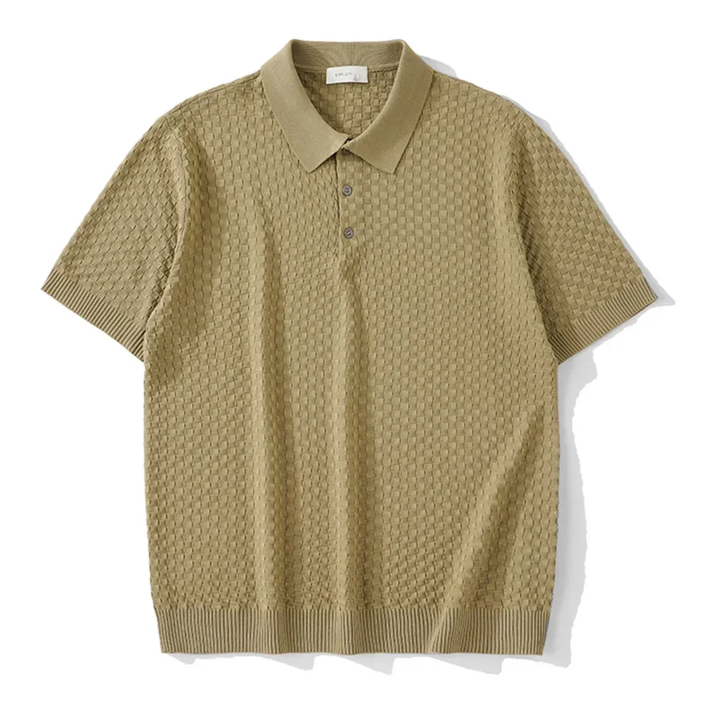 2025 CaofeimaoSummer New Light Luxury Men's Solid Color Plaid Texture Lapel Breathable Loose Casual Knit Polo Shirt Paul T-Shirt