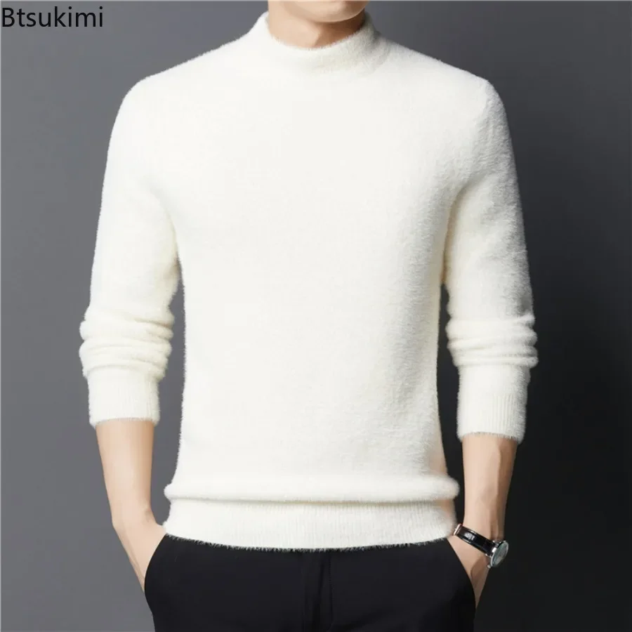 New 2024 Men's Warm Thick Woolen Sweater Tops Solid Plush Sweater for Winter Men's Thick Plush Bottom Sweater Slim Fit Pullovers