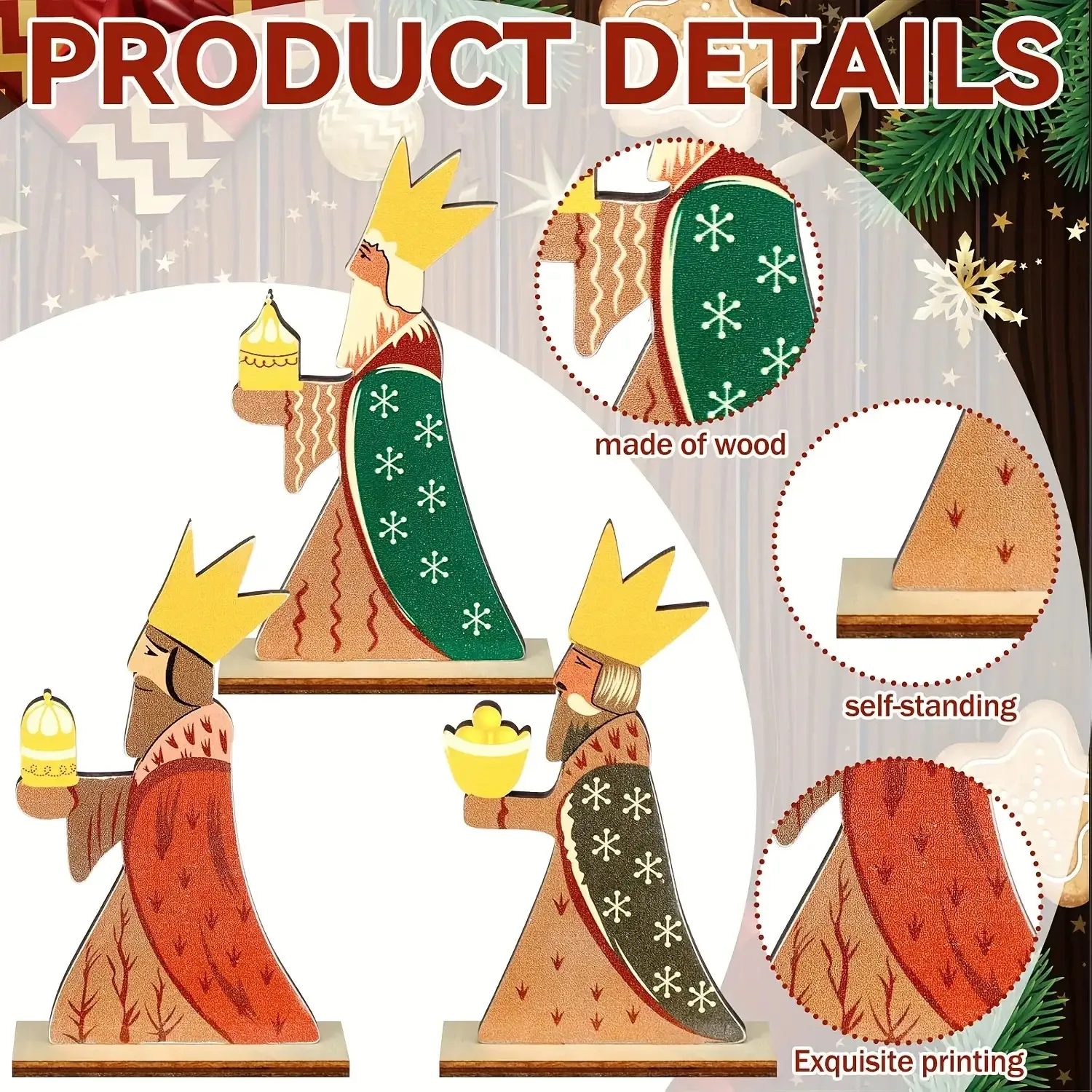3pcs Set Three Wise Men Christmas Tabletop Decoration Wooden Centerpiece Christmas Ornament Indoor Home Holiday Displays view 4