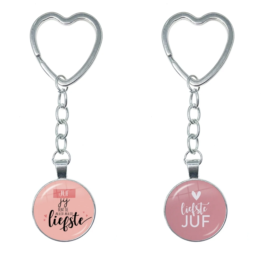 VOOR DE Liefste Juf Sleutelhanger Glass Heart Keychain Anneau Porte Clef Bedankt Juf Cadeau Letter Thank You Dear Teacher Gift