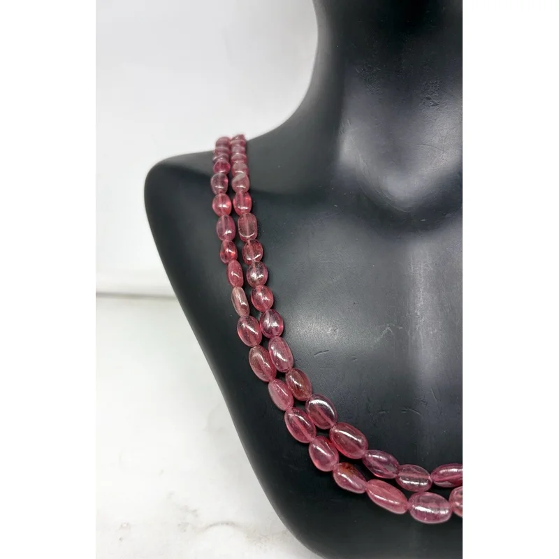 Double Strand Ruby Oval Necklace 8-10mm Smooth Beads Sterling Silver