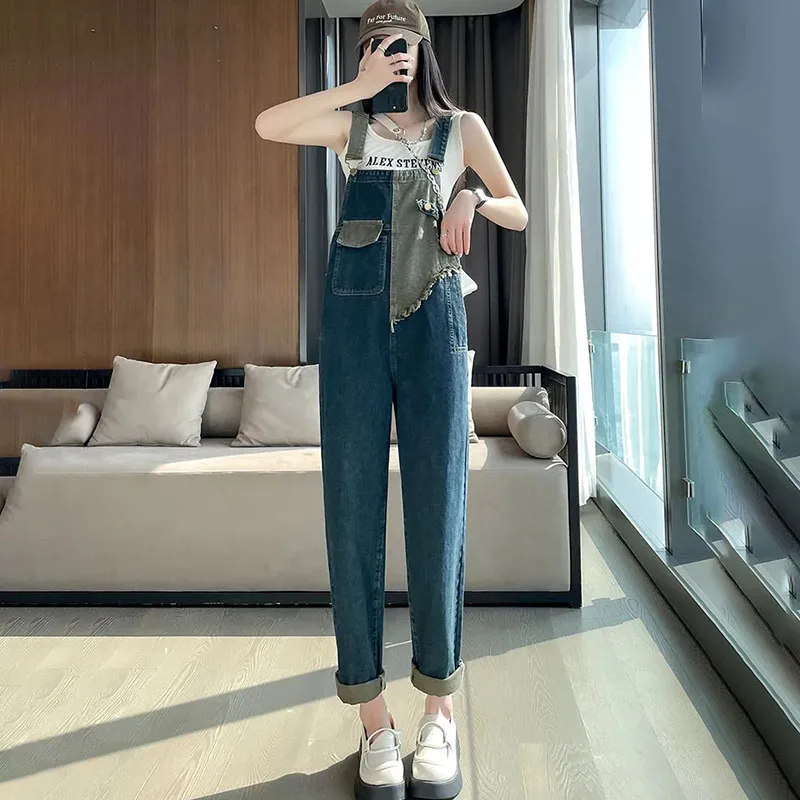 Salopette di jeans da lavoro retrò da donna, tute di jeans larghe a vita alta di nuova moda primavera estate femminile, pantaloni casual a gamba larga