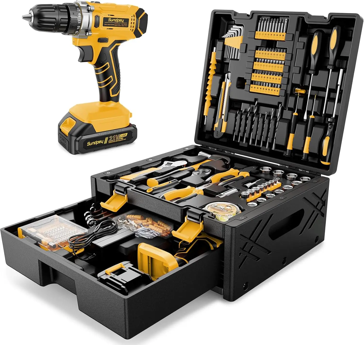 

267-Piece Tool Kit with Drill, 21V Cordless Drill & 2.0Ah Battery, General Home Repair Tool Set with Drawer Storage Box for