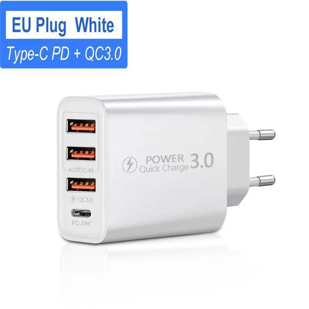 EU/US Type C USB Quick Charger 4 Ports 3.0 PD Cell Mobile Phone Power FAST Adapter For iPhone Samsung Xiaomi White