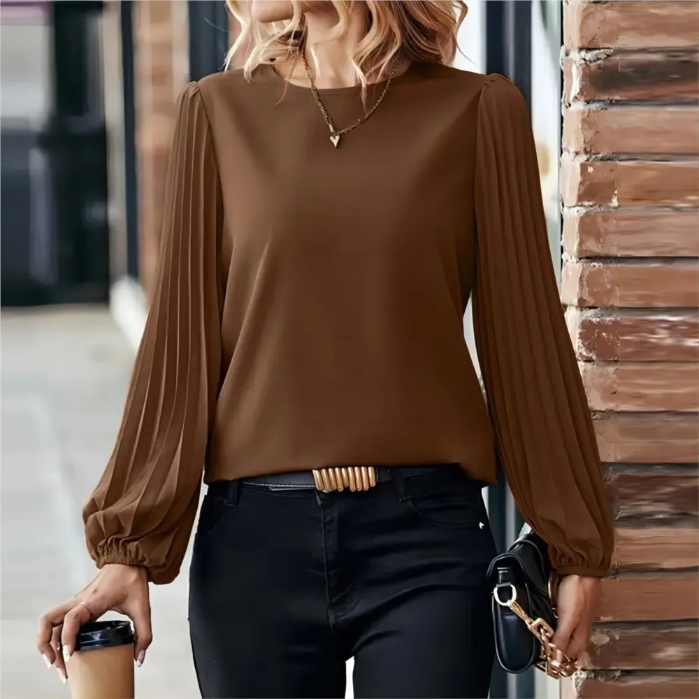 Elegant Office Lady Shirt 2024 Autumn Women Pleated Long Sleeve Shirt Fashionable Round Neck Retro Solid Color Casual Blouse Top