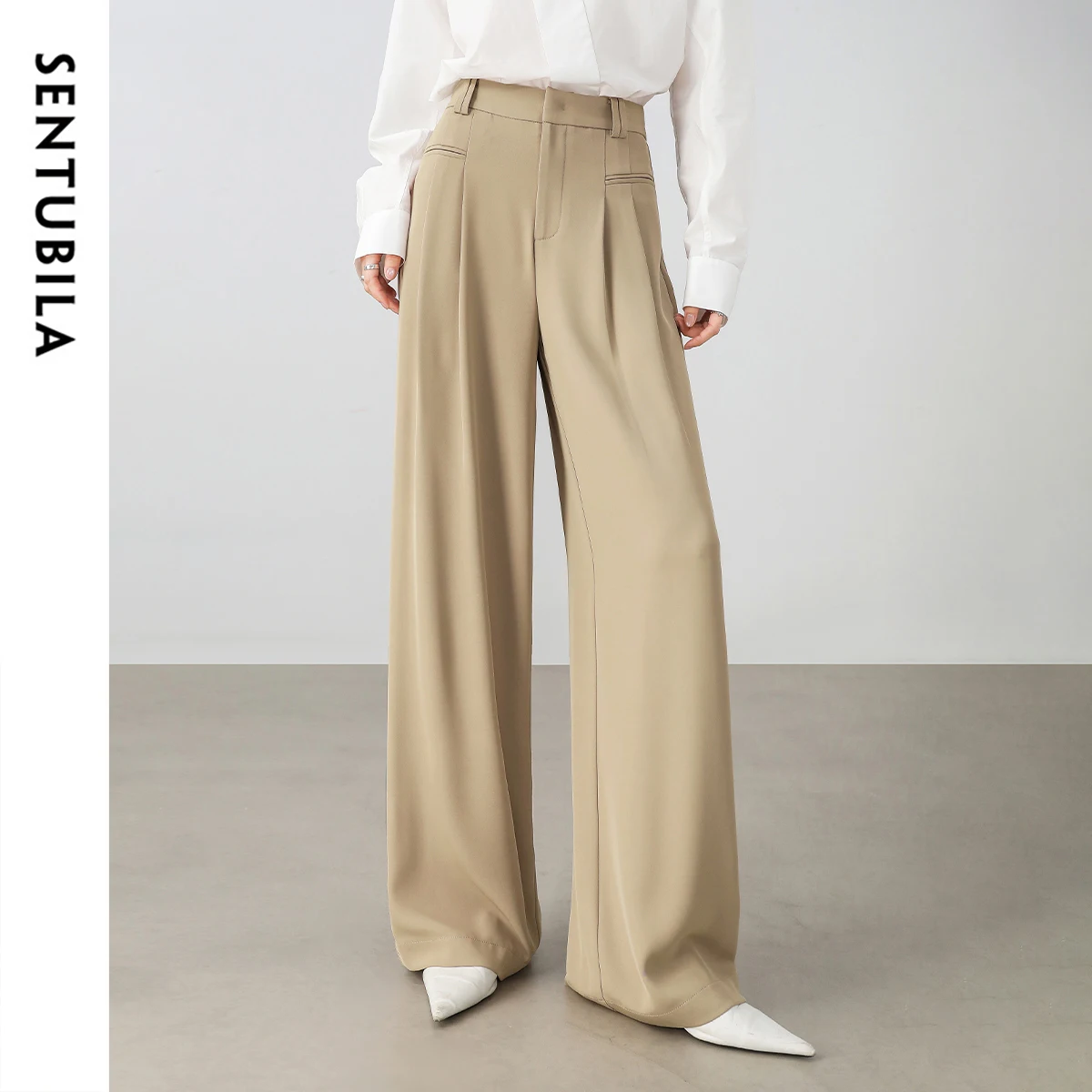 SENTUBILA 오피스 레이디 팬츠 여성용 솔리드 캐주얼 루즈 엘라스틱 하이웨이스트 베이직 솔리드 폴드 바지 2025 봄 신상 151K57562